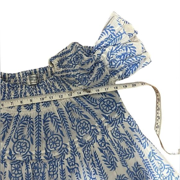 Vintage Ibiza Bohemian Babydoll Mini Dress Blue White Print Vneck 100% Cotton s? - Picture 6 of 7